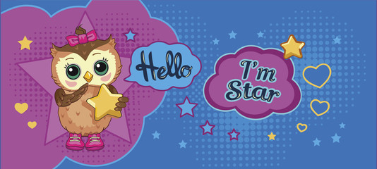 Fototapeta premium Cute funny owl on abstract background. Children's cartoon illustration with fabulous animal or bird, heart, star and motivating text. Decorative or style doll, toy. Fairytale story. Wonderland. Vector