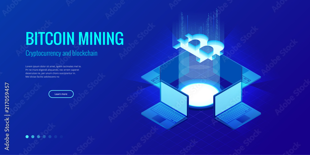 Poster isometric bitcoin bit cryptocurrency mining farm. blockchain technology, cryptocurrency and a digita