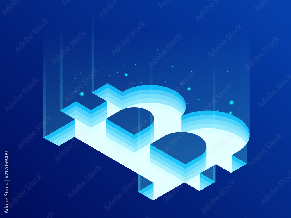 Poster isometric bitcoin bit cryptocurrency mining farm. blockchain technology, cryptocurrency and a digita