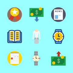 business vector icons set. open book, medal, money and watch in this set