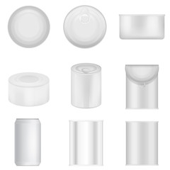 Tin can jalopy grocery food package mockup set. Realistic illustration of 9 Tin can jalopy grocery food package for web