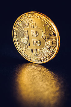 Bitcoin. Crypto currency Gold Bitcoin, BTC, Bit Coin. Macro shot of Bitcoin coins isolated on black background Blockchain technology,