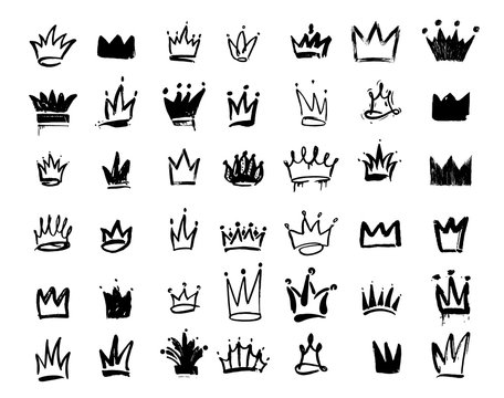 Set of Crown logo graffiti icon. Drawing by hand black elements. Vector illustration. Isolated on white background