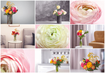 Obraz na płótnie Canvas Set with beautiful aromatic ranunculus flowers in room interior