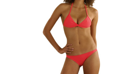 Portrait of pretty African girl modeling bikini on white background