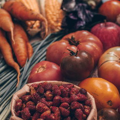 Harvest, Autumn. Panoramic collection of fresh healthy fruits and vegetables. Healthy eating background. Vegetables background