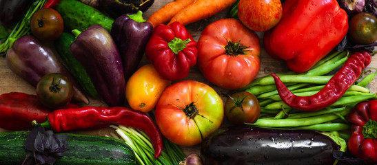 Harvest, Autumn. Panoramic collection of fresh healthy fruits and vegetables. Healthy eating background. Vegetables background
