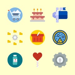 food vector icons set. settings, wedding cake, shopping basket and pizza in this set