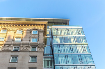 Fototapeta na wymiar Modern condo buildings with huge windows in Montreal downtown, Canada. 