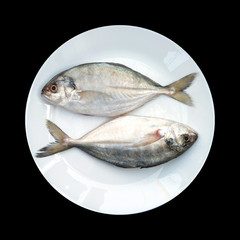 Yellow Tail Scad fish, Decapterus fish, on White plate, isolated on black background