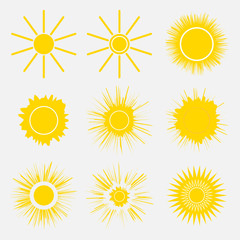 Set of simple yellow orange Sun icons on white background. Cartoon vector illustration of a sunrise. Sunset Graphic logo symbols for kids.