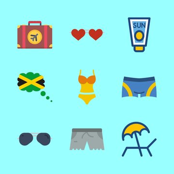 beach icons set. face, palm, person and bikini graphic works