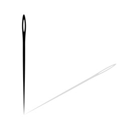 Black needle with shadow on white isolated background. Vector needle icon for hand sewing, sewing needle.