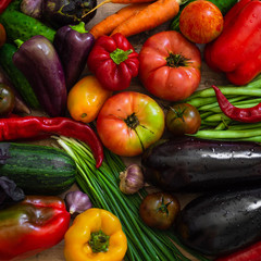 Harvest, Autumn. Panoramic collection of fresh healthy fruits and vegetables. Healthy eating background. Vegetables background