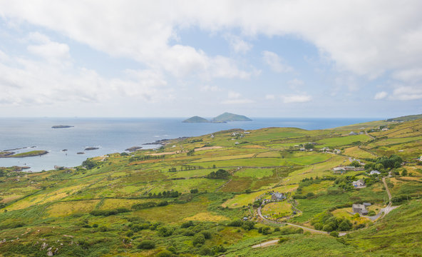 Rocky hilly coast of Kerry along the atlantic ocean in summer

