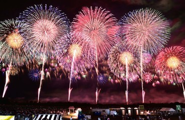 山形酒田花火は最上川河口で行われます。
