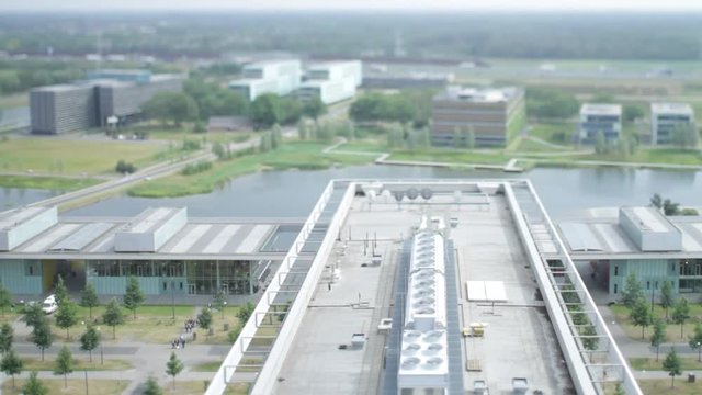 Overview of The High Tech Campus in Eindhoven. Pan movement, Tilt-Shift lens. Brainport. Noord-Brabant.