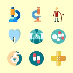 hospital vector icons set. microscope, ophthalmology, band aid and pills in this set