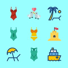 Fototapeta na wymiar tropical vector icons set. sunbed, ship, love birds and swimsuit in this set