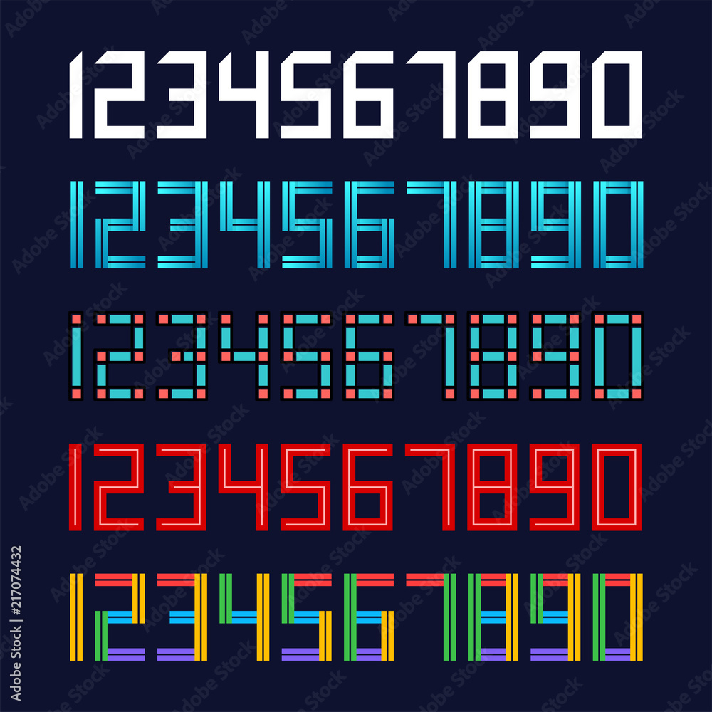 Poster set 5 geometric font line digital effect design numbers futuristic style alphabet