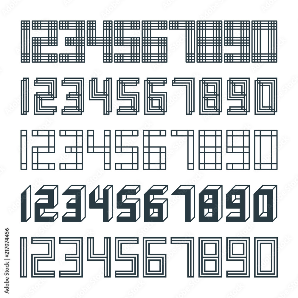 Poster set 5 geometric font line digital effect design numbers futuristic style alphabet