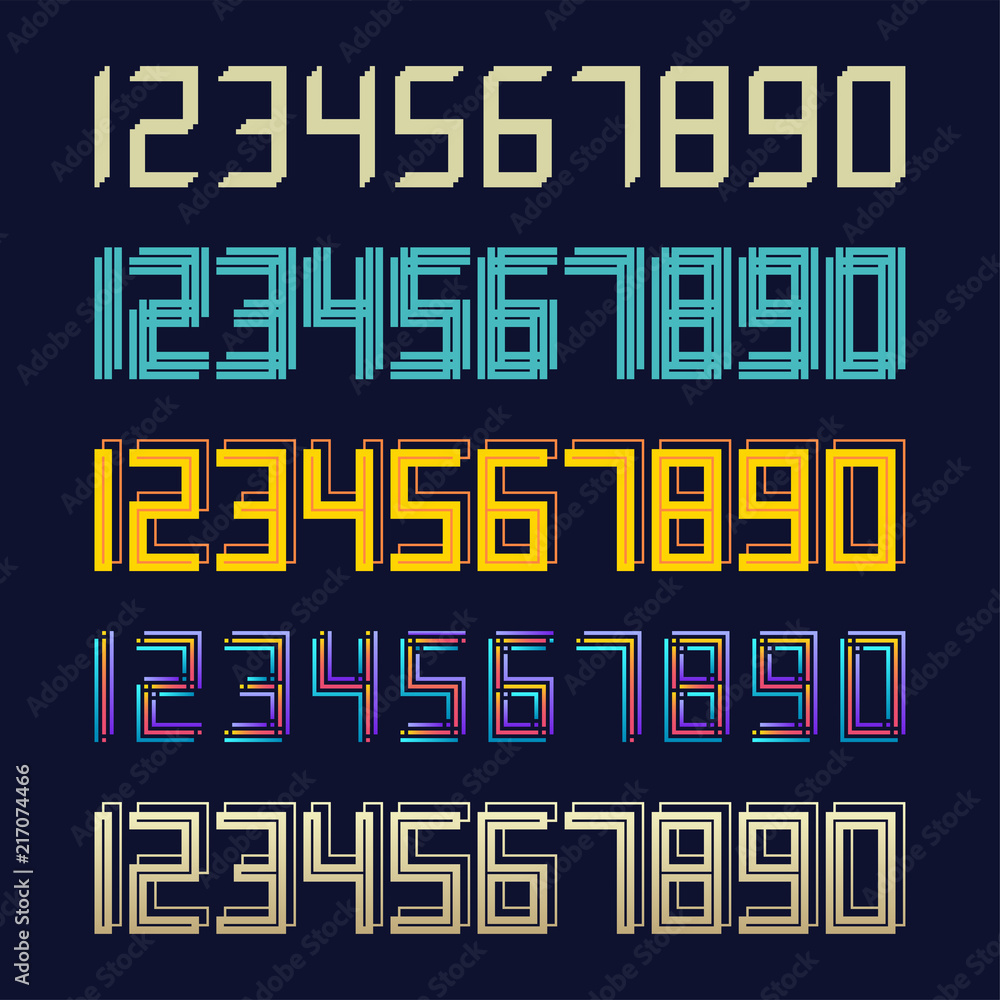 Poster set 5 geometric font line digital effect design numbers futuristic style alphabet