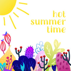 Creative universal floral summer background. Modern graphic design. Hand Drawn textures.