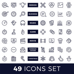 Set of Start Up, Business, Audio, Music, Video, Cinema, Christmas, Game Related Vector Line Icons.