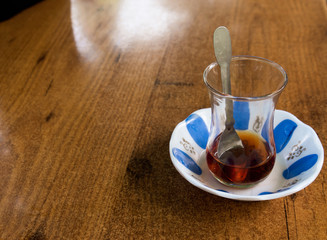 Traditional Turkish Tea on Wooden Table