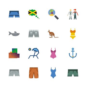 beach vector icons set. short, kangaroo, jamaica and tour in this set
