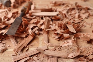 wood sawdust and tools
