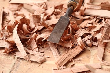 wood sawdust and tools