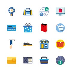 shopping vector icons set. shoes, credit card, discount and online shop in this set