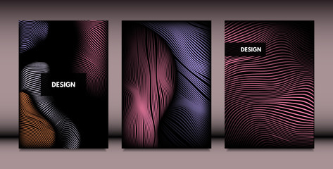 Abstract Wavy Shapes with 3d Effect. Cover Design Templates Set with Vibrant Gradient and Wavy Stripes in Minimal Style. Vector Abstraction with Distorted Lines. Wavy Shapes for Cover, Brochure, Book