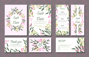 Fototapeta na wymiar Floral Wedding Invitation with Vector Eucalyptus Leaves, Forest Herbs, Elegant Decorative Flowers. Vintage Invite, Menu, Rsvp, Thank You Label. Save the Date Card. Wedding Invitation in Pastel Colors.