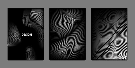 Distortion of Lines. Abstract Backgrounds with Vibrant Gradient and Wavy Stripes. Monochrome Cover Templates Set with Volume and Metallic Effect. Distorted Shapes for Business Presentation, Brochure.
