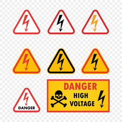 Vector icon set danger high voltage on isolated transparent background. Warning sign with skull pattern and arrow. Vector illustration.