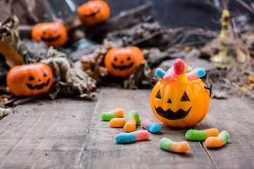 Happy Halloween with pumpkin, trick or treat in autumn season. Scary and boo symbol at night.