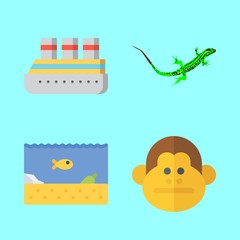 tropical vector icons set. cruise ship, lizard, sea life and monkey in this set