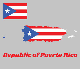 Map outline of Puerto Rico, horizontal white and red bands with isosceles triangle based on the hoist side and white star, text name Republic of Puerto Rico.