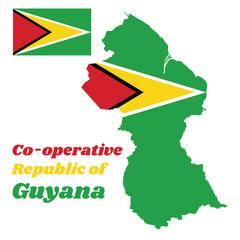 Map outline of Guyana, a green field with the black red triangle and white golden triangle, also based on the hoist-side, text name Co operative Republic of Guyana.