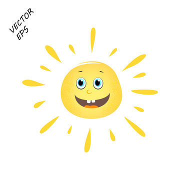 Laughing vector sun on isolated background. A child's drawing of a laughing face. The sun is the concept of summer, rest.