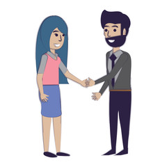 Businessman and woman shaking hands firmly over white background, vector illustration