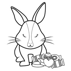 cute rabbits with candies over white background, vector illustration