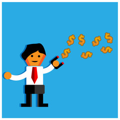Office Worker trying to catch flying money with magnet.The Vector Illustration is showing the concept of how to earn a lot of money.