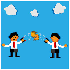two office workers attract money with magnet.The Vector Illustration is showing the concept of winning business competition