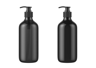 Black cosmetic bottles isolated on white background, 3D rendering
