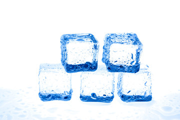 Blue ice cubes on white background.