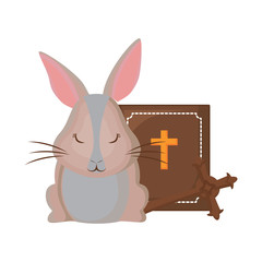 holy bible and cute rabbits with easter eggs over white background, vector illustration