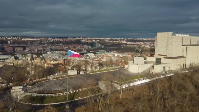 Dramatic Drone Shot of Vitkov Hill with Fluttering Czech Flag